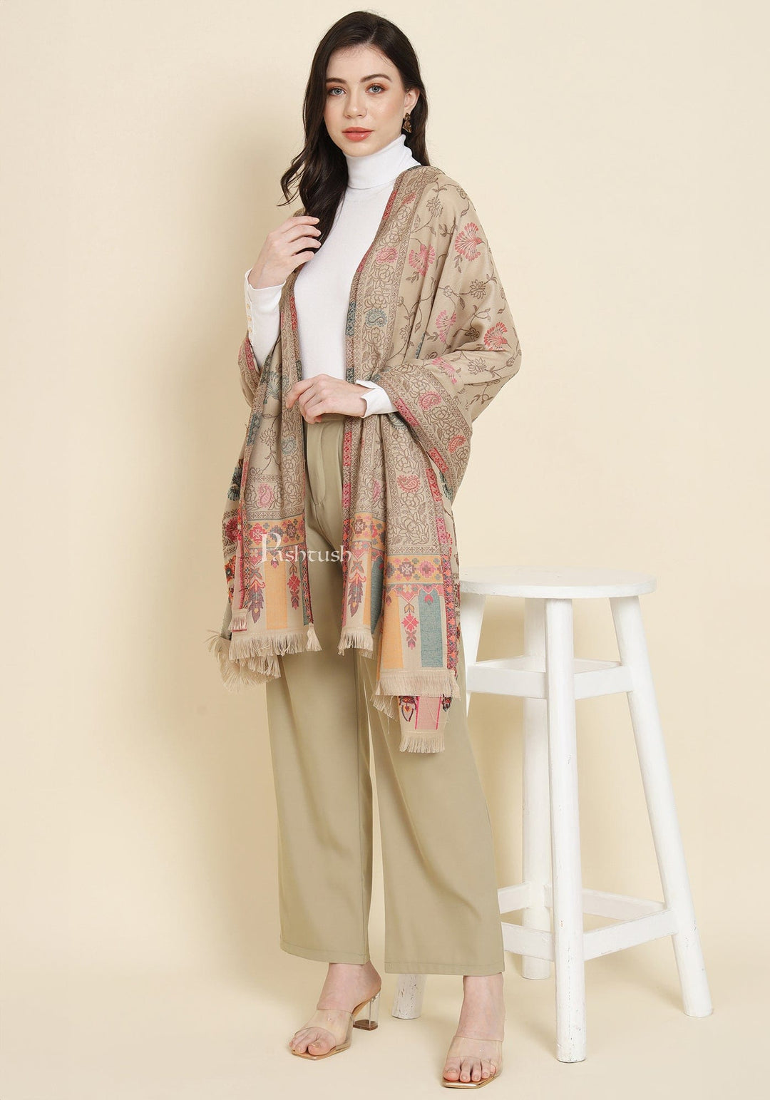 Pashtush India Womens Shawls Pashtush Womens Faux Pashmina Shawl, Woven Floral Design, Beige