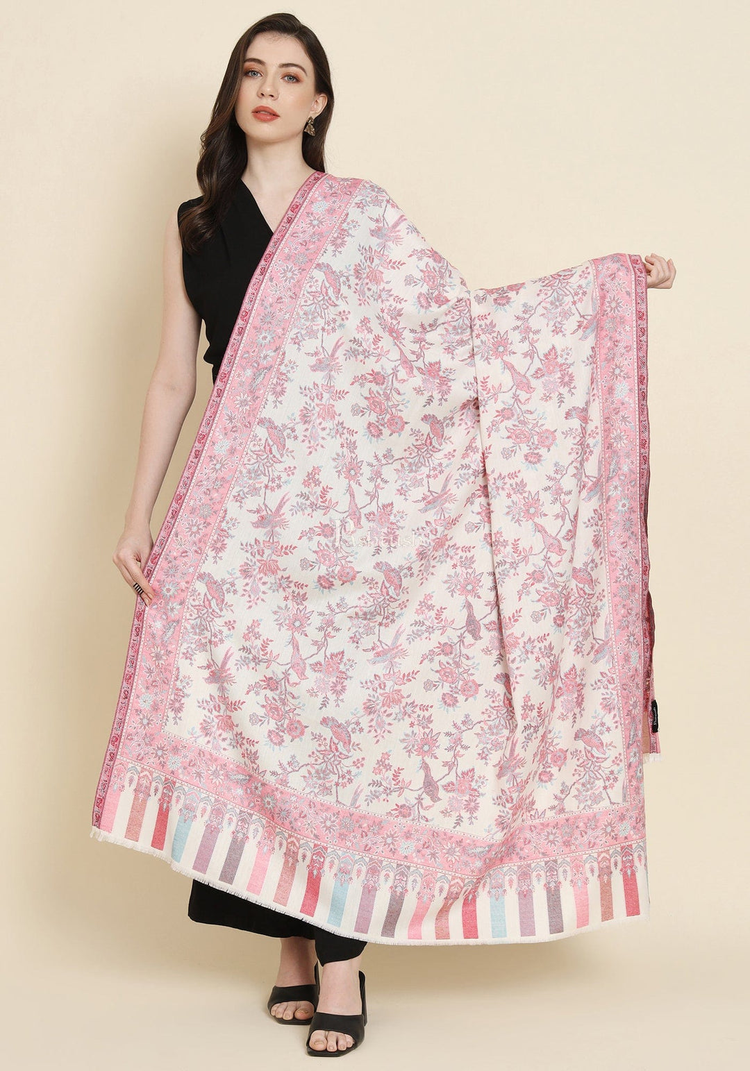 Pashtush India Womens Shawls Pashtush Womens Faux Pashmina Shawl, Woven Floral Design, Ivory