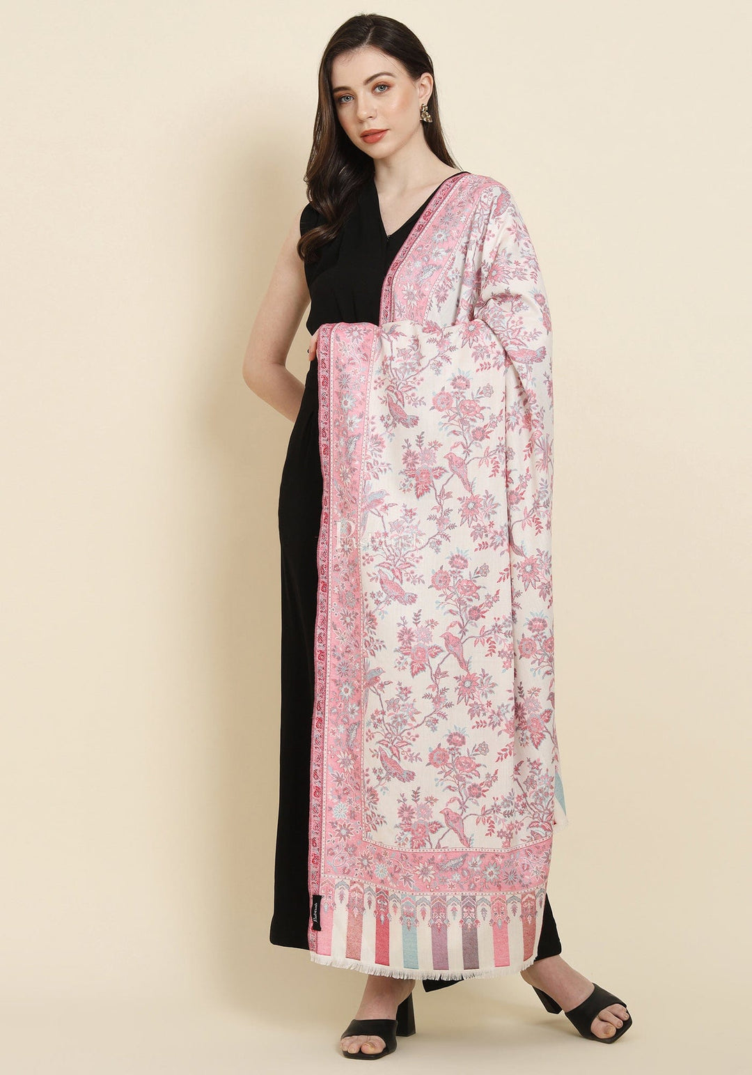 Pashtush India Womens Shawls Pashtush Womens Faux Pashmina Shawl, Woven Floral Design, Ivory