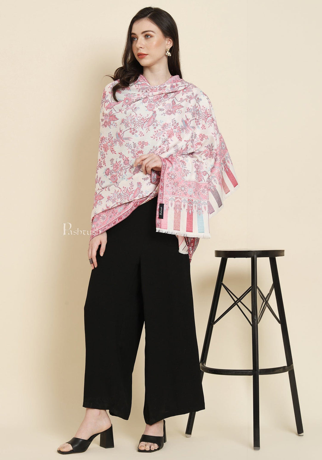 Pashtush India Womens Shawls Pashtush Womens Faux Pashmina Shawl, Woven Floral Design, Ivory