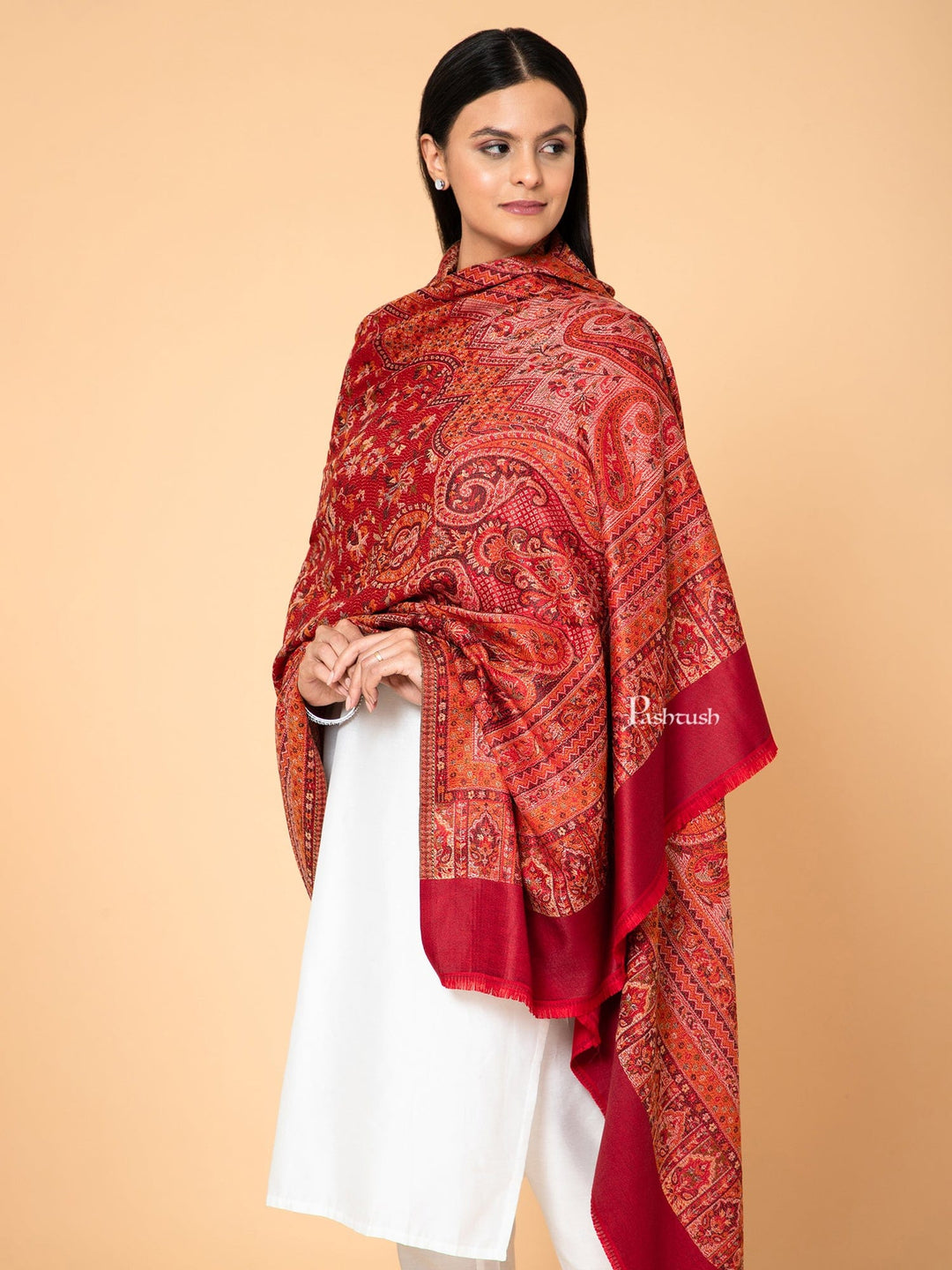 Pashtush India Womens Shawls Pashtush Womens Faux Pashmina Shawl, Woven Jamawar Design, Maroon