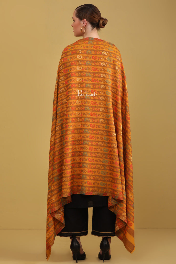 Pashtush India Womens Shawls Pashtush Womens Faux Pashmina Shawl, Woven Striped Weave With Metallic Threads, Mustard