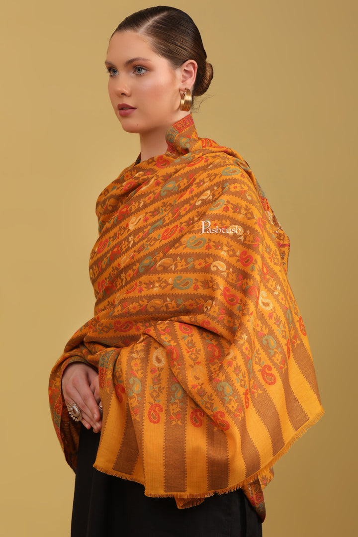Pashtush India Womens Shawls Pashtush Womens Faux Pashmina Shawl, Woven Striped Weave With Metallic Threads, Mustard