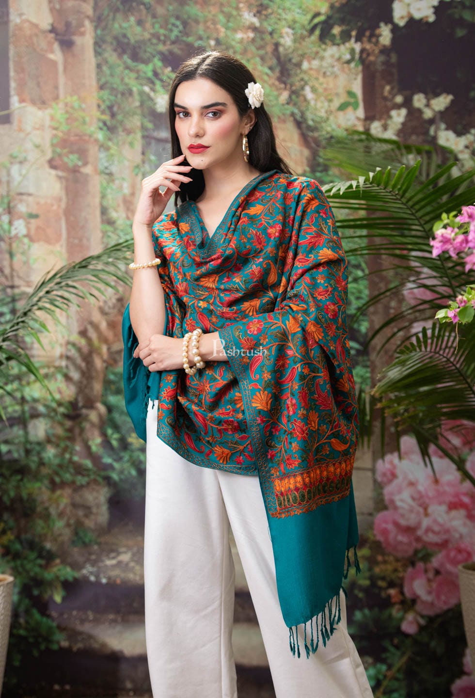 Pashtush India Womens Stoles and Scarves Scarf Pashtush womens Faux Pashmina stole, Aari embroidery design, Arabic Sea green