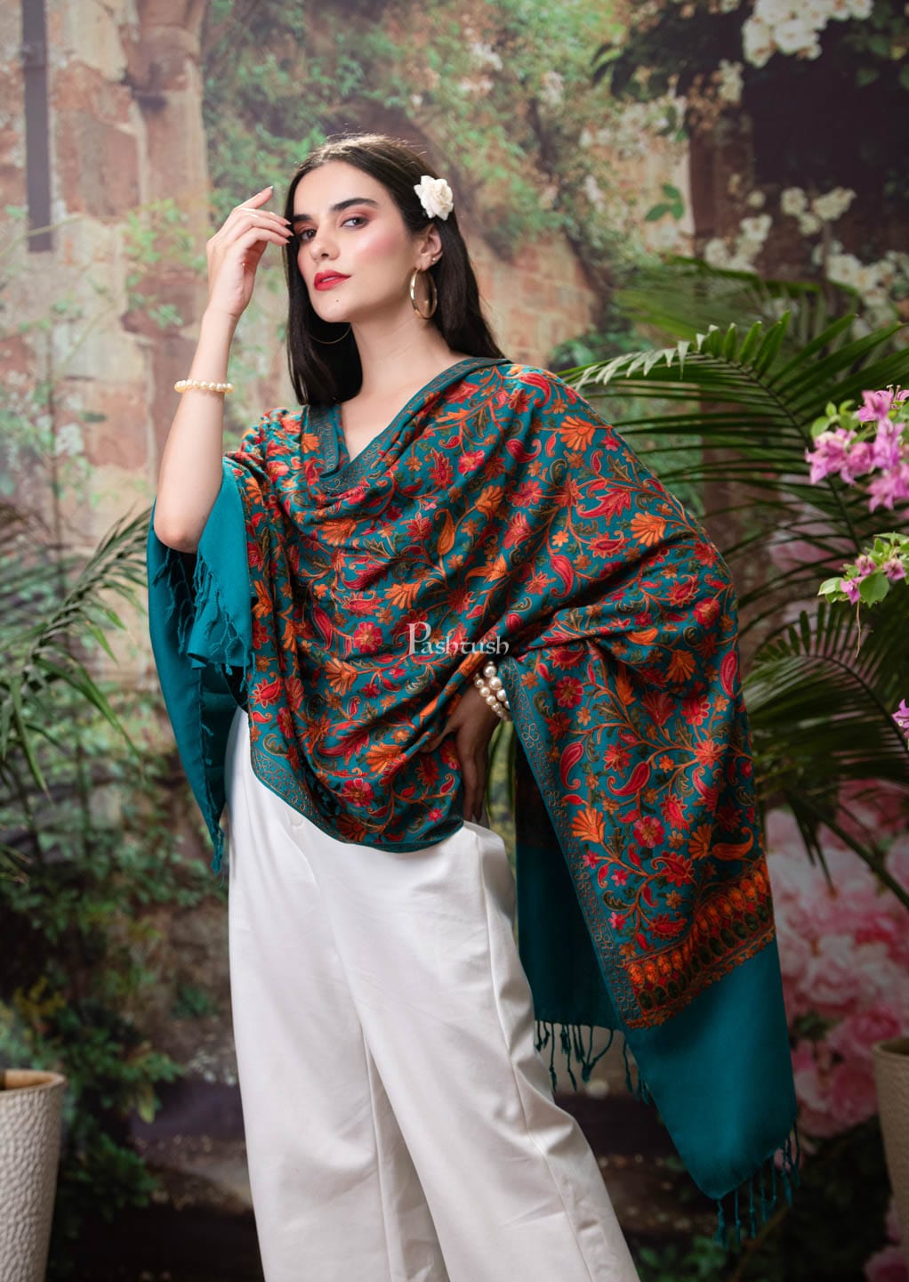 Pashtush India Womens Stoles and Scarves Scarf Pashtush womens Faux Pashmina stole, Aari embroidery design, Arabic Sea green