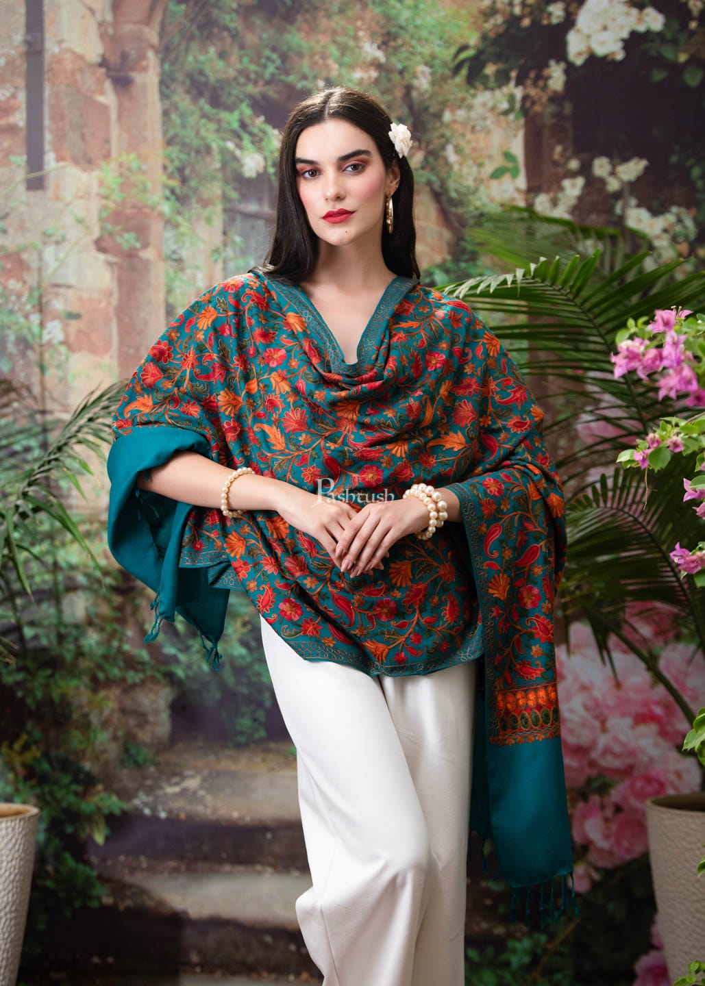 Pashtush India Womens Stoles and Scarves Scarf Pashtush womens Faux Pashmina stole, Aari embroidery design, Arabic Sea green