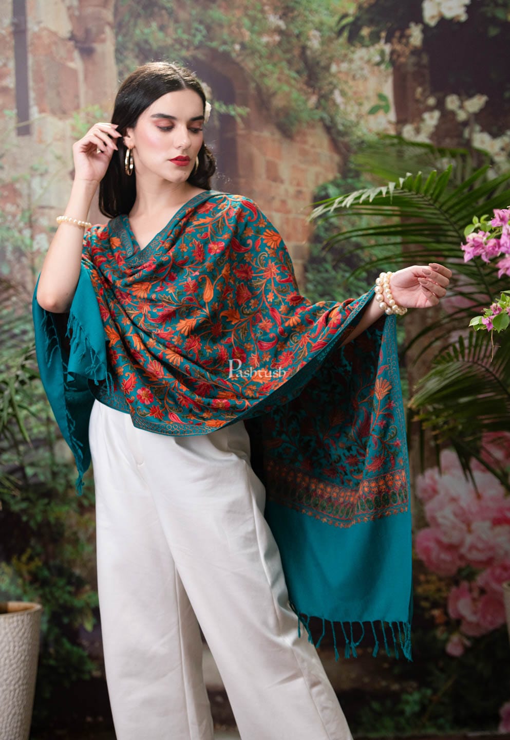 Pashtush India Womens Stoles and Scarves Scarf Pashtush womens Faux Pashmina stole, Aari embroidery design, Arabic Sea green