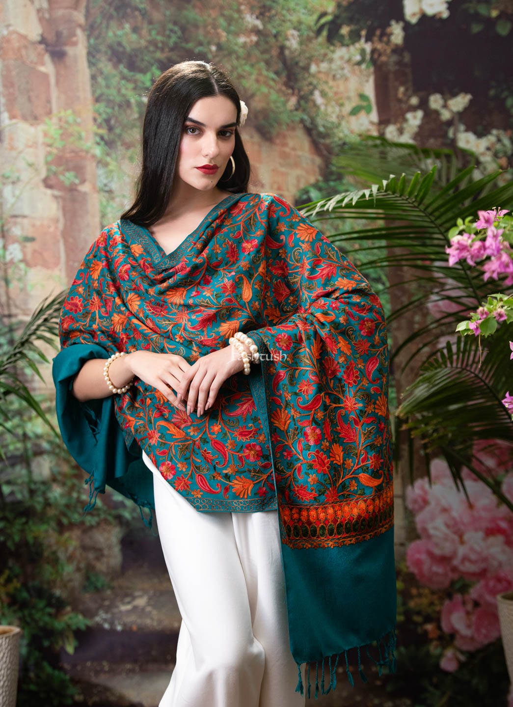 Pashtush India Womens Stoles and Scarves Scarf Pashtush womens Faux Pashmina stole, Aari embroidery design, Arabic Sea green