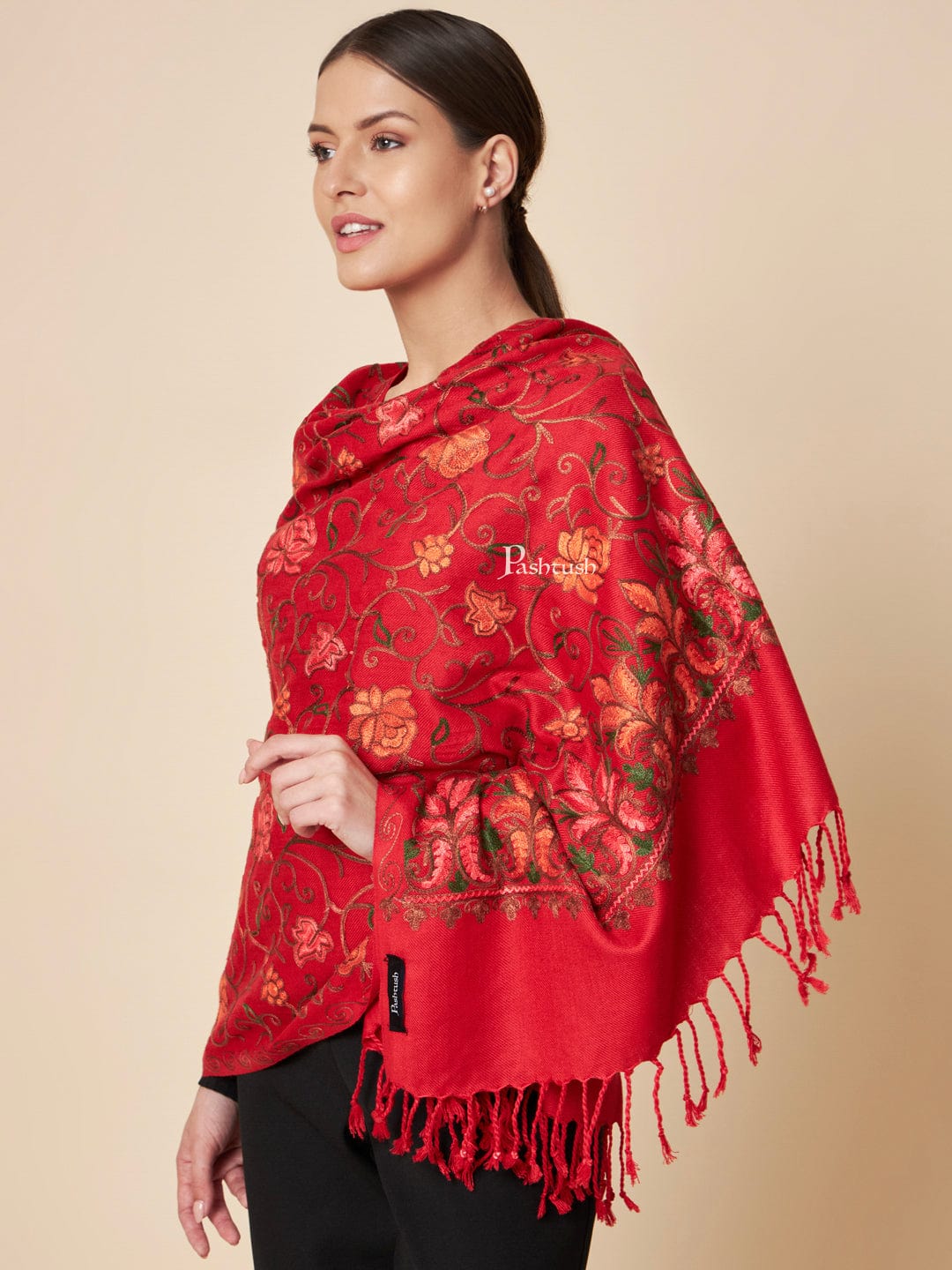 Pashtush India Womens Stoles and Scarves Scarf Pashtush Womens Faux Pashmina Stole, Aari Embroidery Design, Maroon