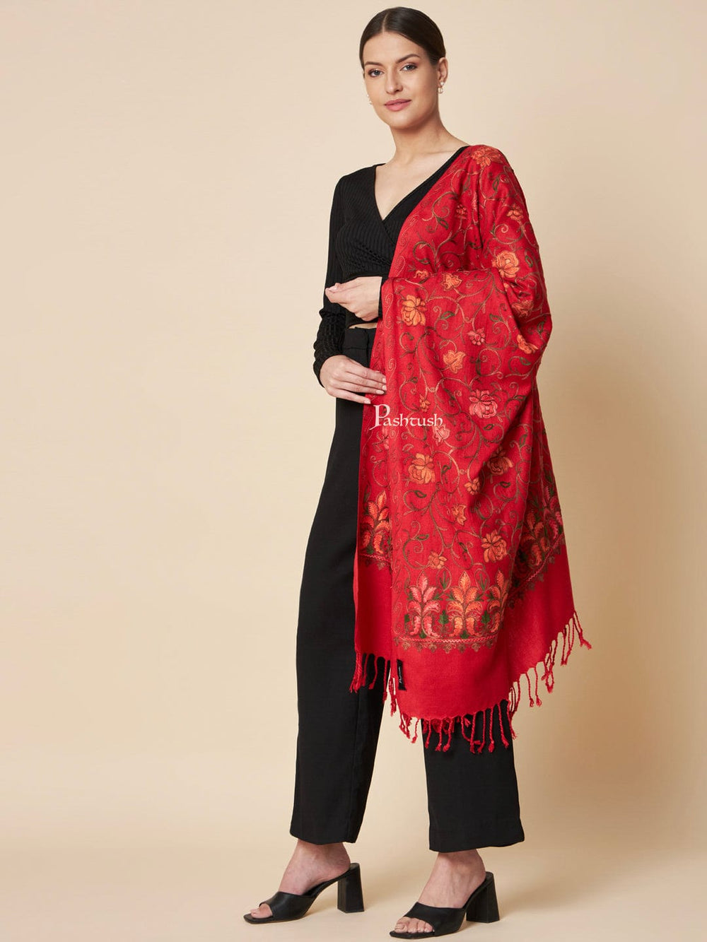 Pashtush India Womens Stoles and Scarves Scarf Pashtush Womens Faux Pashmina Stole, Aari Embroidery Design, Maroon