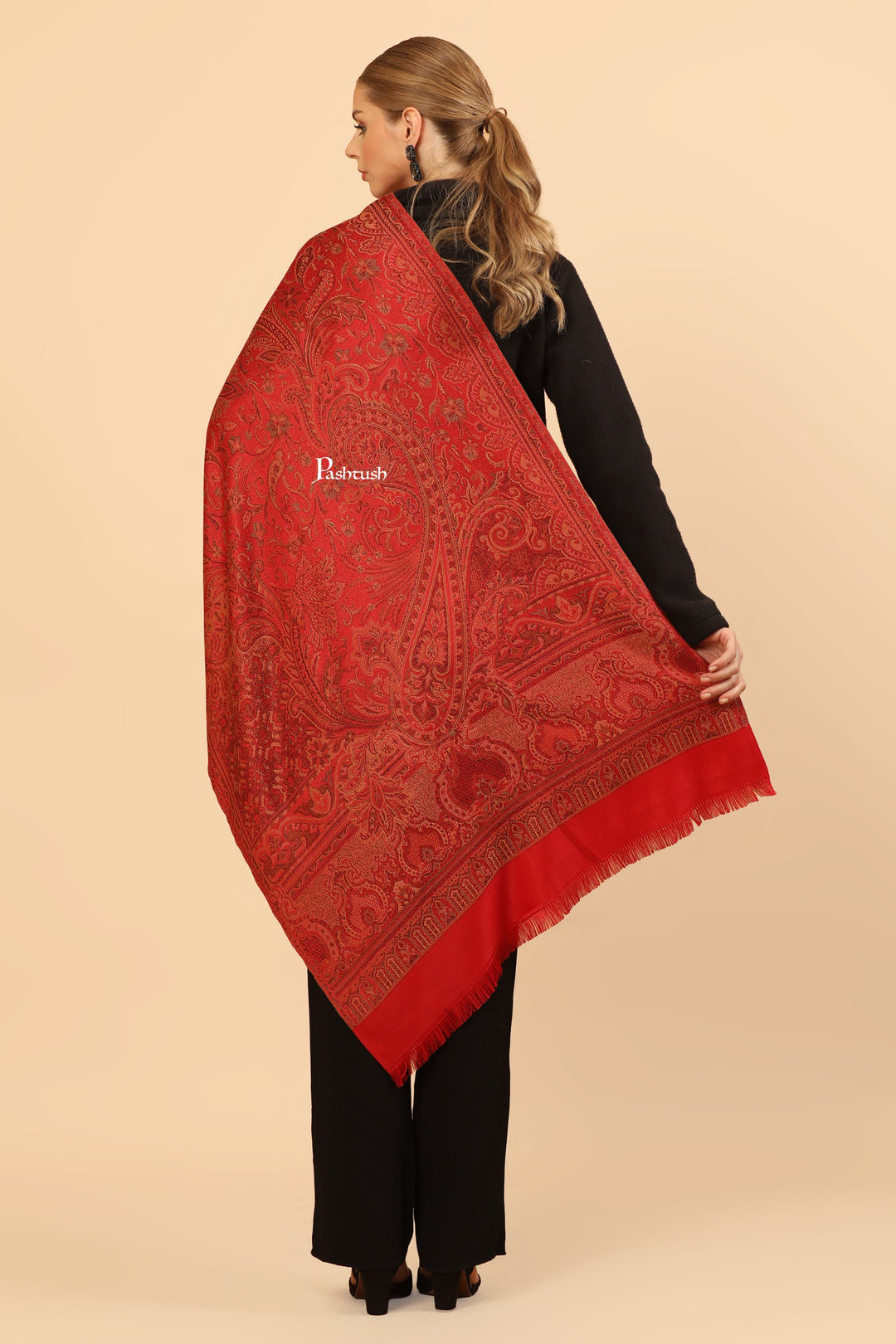 Pashtush India Womens Stoles and Scarves Scarf Pashtush Womens Faux Pashmina Stole, Jamawar Design, Maroon