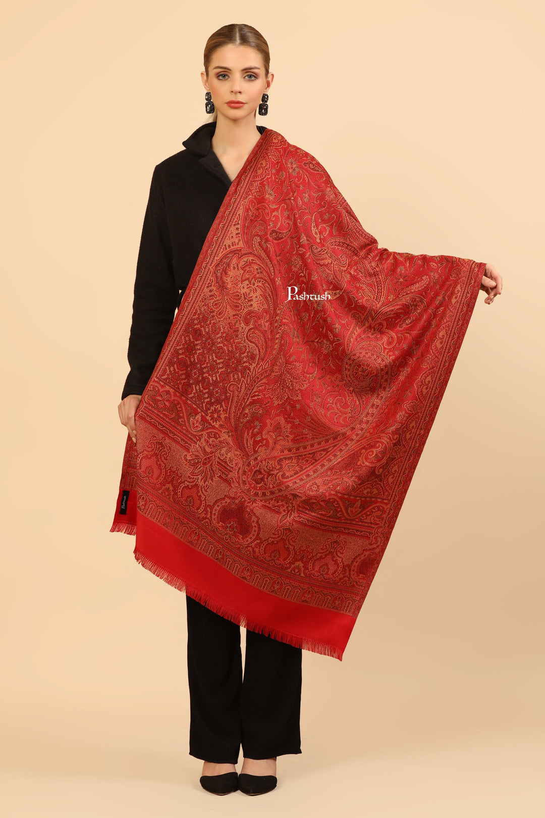 Pashtush India Womens Stoles and Scarves Scarf Pashtush Womens Faux Pashmina Stole, Jamawar Design, Maroon