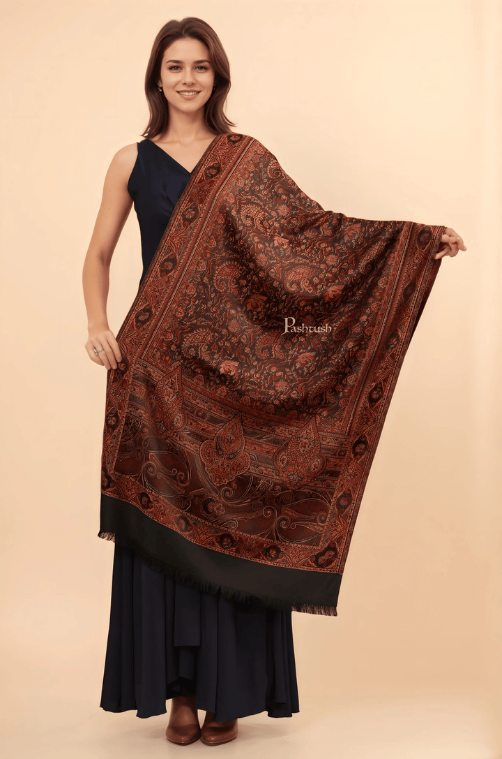 Pashtush India Womens Stoles and Scarves Scarf Pashtush Womens Faux Pashmina Stole, Jamawar Weave Design, Black