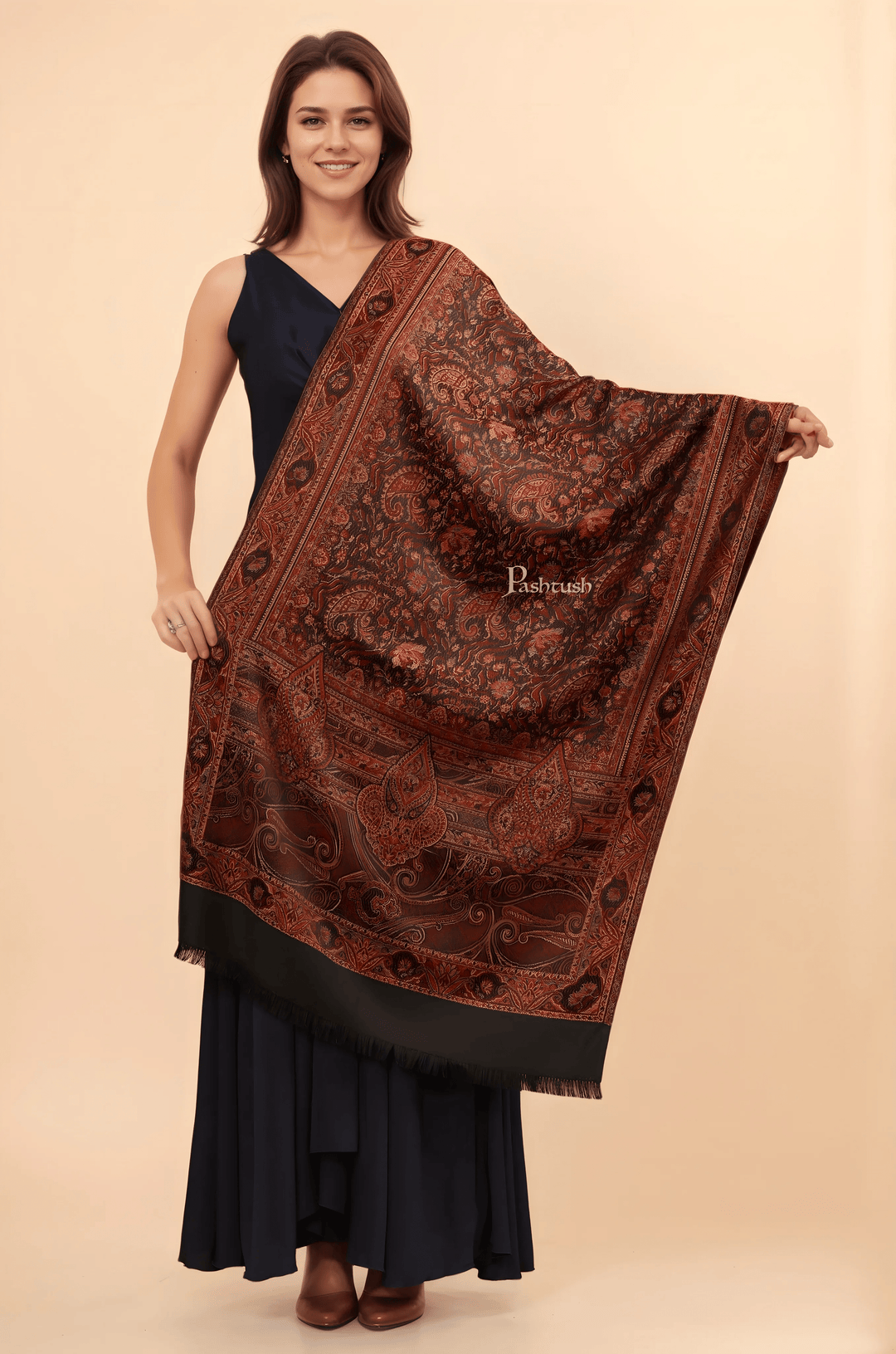 Pashtush India Womens Stoles and Scarves Scarf Pashtush Womens Faux Pashmina Stole, Jamawar Weave Design, Black