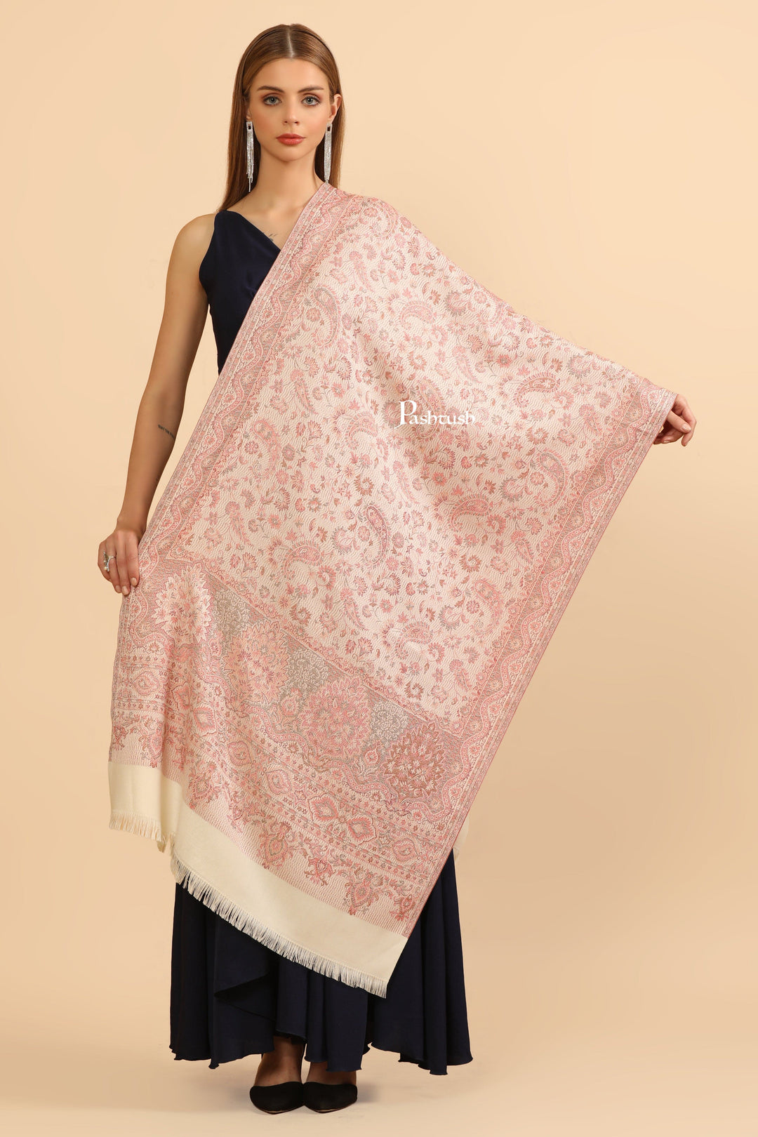 Pashtush India Womens Stoles Pashtush Womens Faux Pashmina Stole, Paisley Design, Ivory