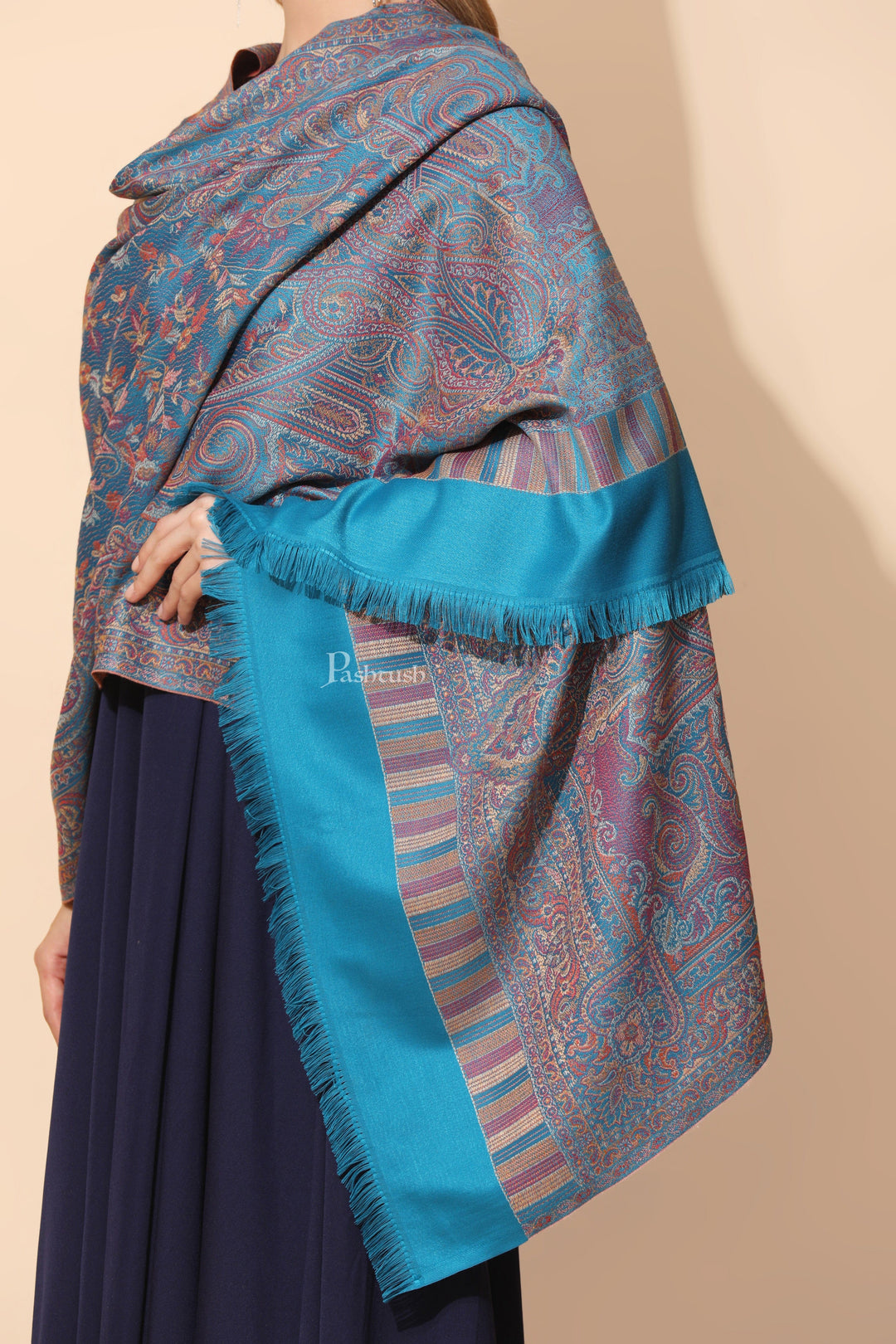 Pashtush India Womens Stoles Pashtush Womens Faux Pashmina Stole, Pasiley Design, Arabic Sea Blue