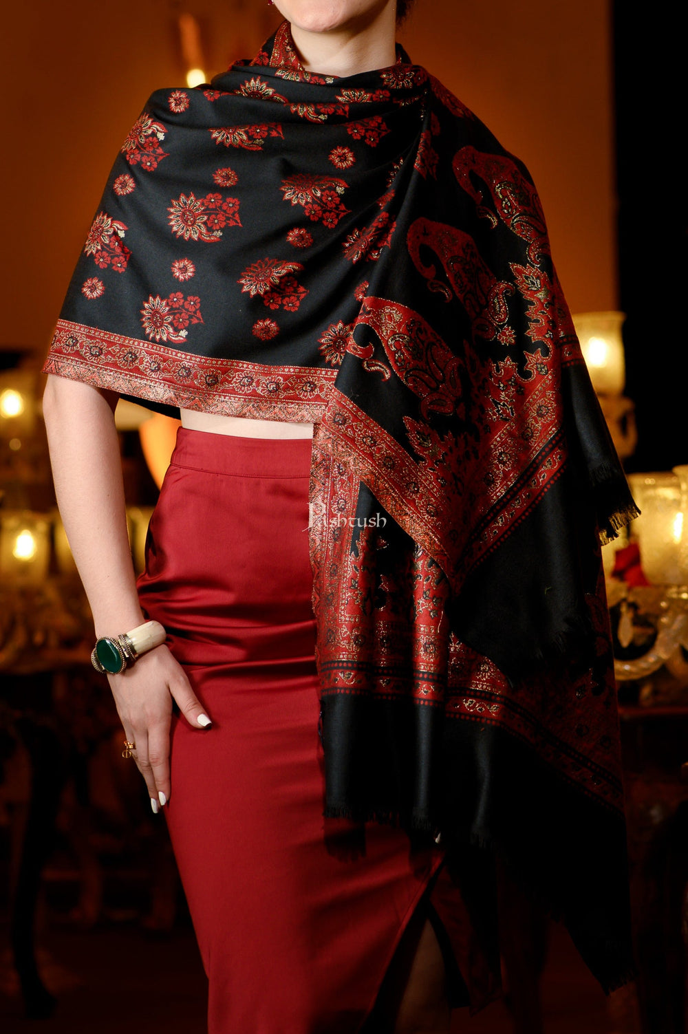 Pashtush India Womens Stoles and Scarves Scarf Pashtush Womens Faux Pashmina Stole, Zari Paisley Weave Design, Black