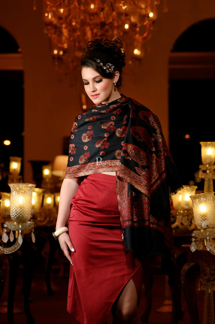 Pashtush India Womens Stoles and Scarves Scarf Pashtush Womens Faux Pashmina Stole, Zari Paisley Weave Design, Black