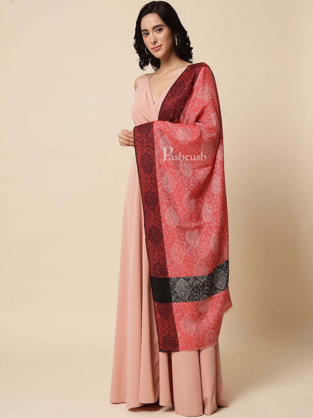 Pashtush India Womens Stoles and Scarves Scarf Pashtush Womens Fine Wool, Extra Soft and Warm Paisley Weave Scarf, Red and Black
