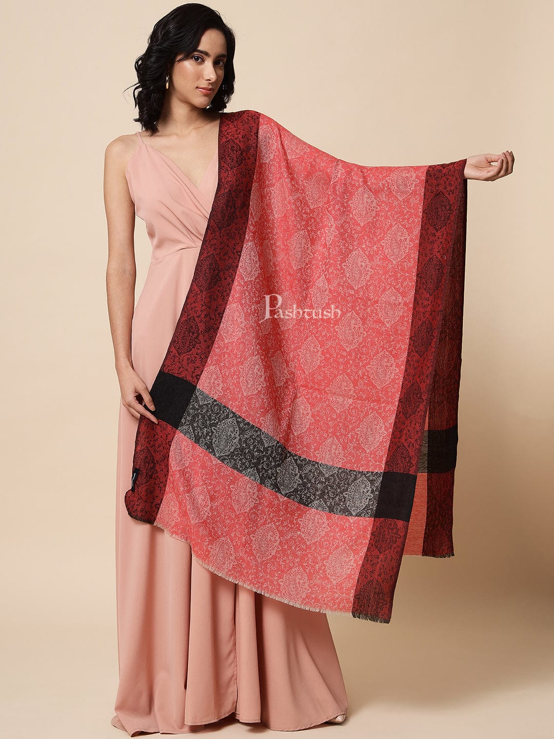 Pashtush India Womens Stoles and Scarves Scarf Pashtush Womens Fine Wool, Extra Soft and Warm Paisley Weave Scarf, Red and Black
