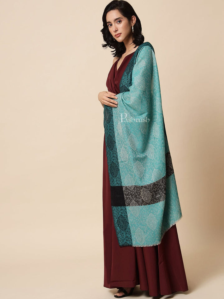 Pashtush India Womens Stoles and Scarves Scarf Pashtush Womens Fine Wool, Extra Soft and Warm Paisley Weave Scarf, Sea Green and Black