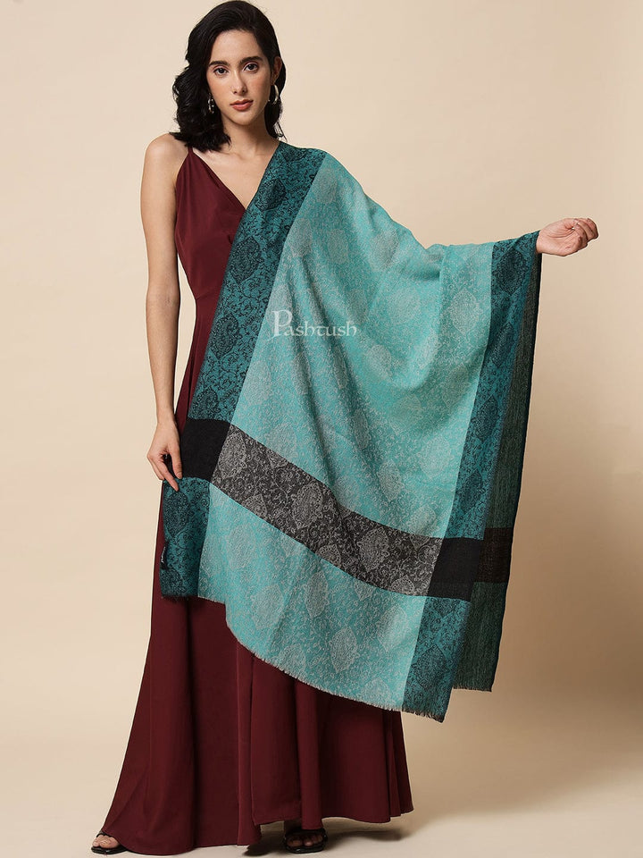 Pashtush India Womens Stoles and Scarves Scarf Pashtush Womens Fine Wool, Extra Soft and Warm Paisley Weave Scarf, Sea Green and Black