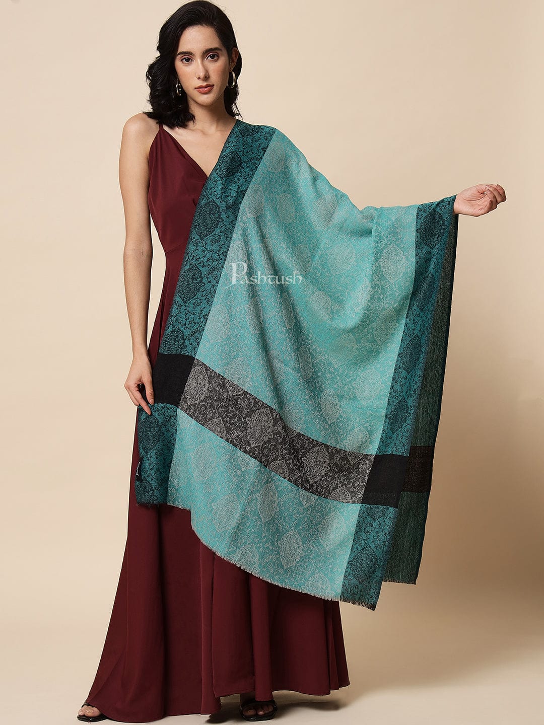 Pashtush India Womens Stoles and Scarves Scarf Pashtush Womens Fine Wool, Extra Soft and Warm Paisley Weave Scarf, Sea Green and Black