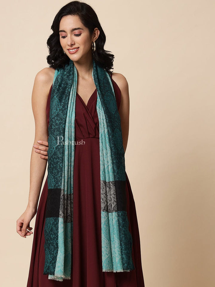 Pashtush India Womens Stoles and Scarves Scarf Pashtush Womens Fine Wool, Extra Soft and Warm Paisley Weave Scarf, Sea Green and Black