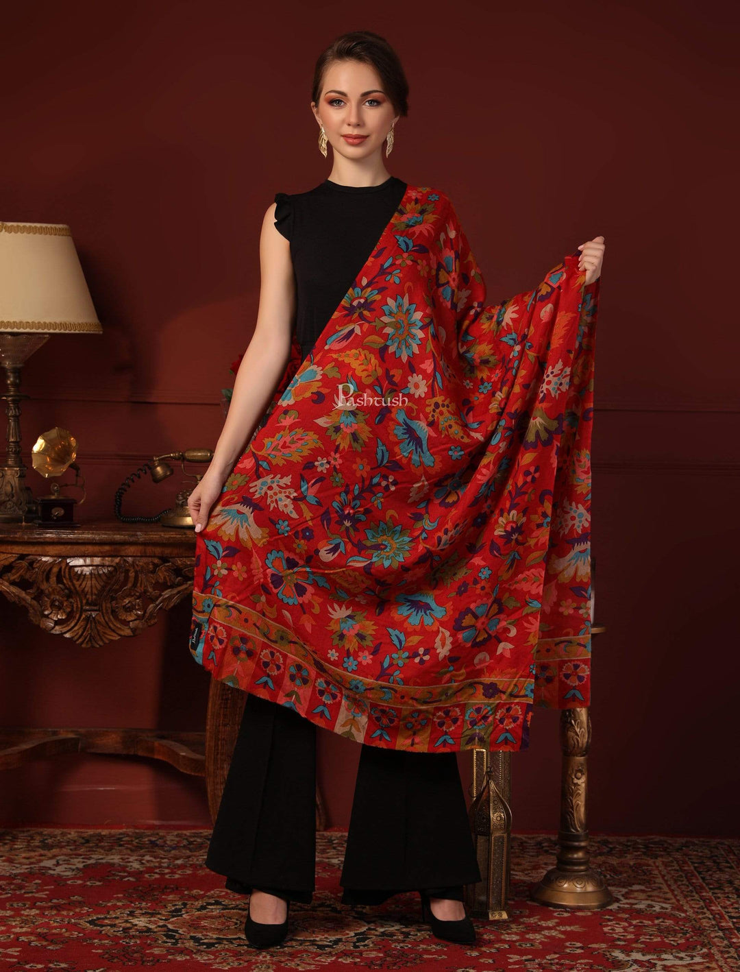 Pashtush India 70x200 Pashtush Womens Fine Wool Hand Printed Stole, Multicoloured