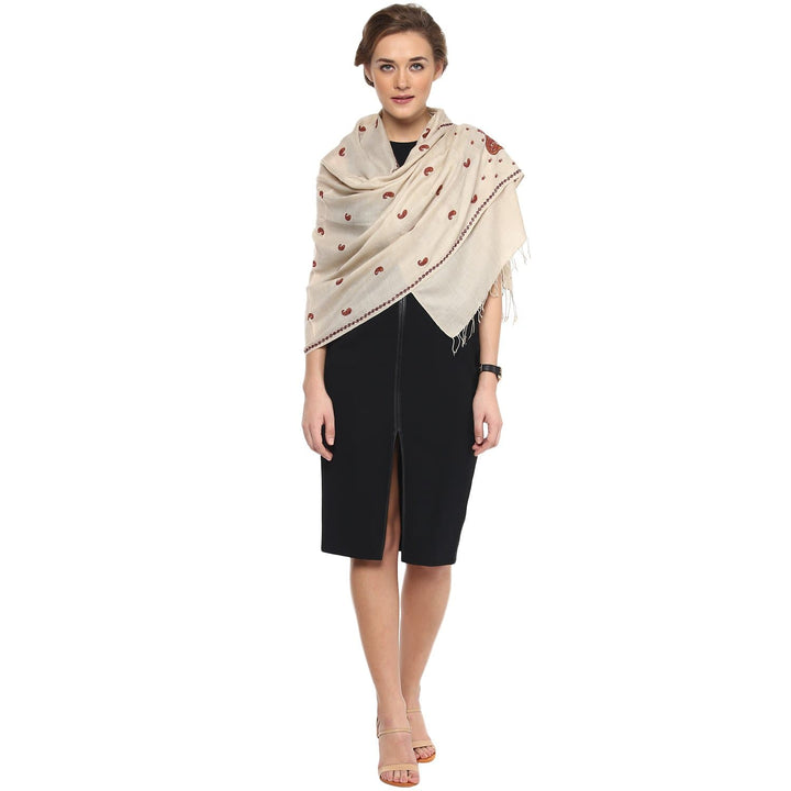 Pashtush India Stole Pashtush Womens Fine Wool Kashmiri Embroidery Stole, Beige