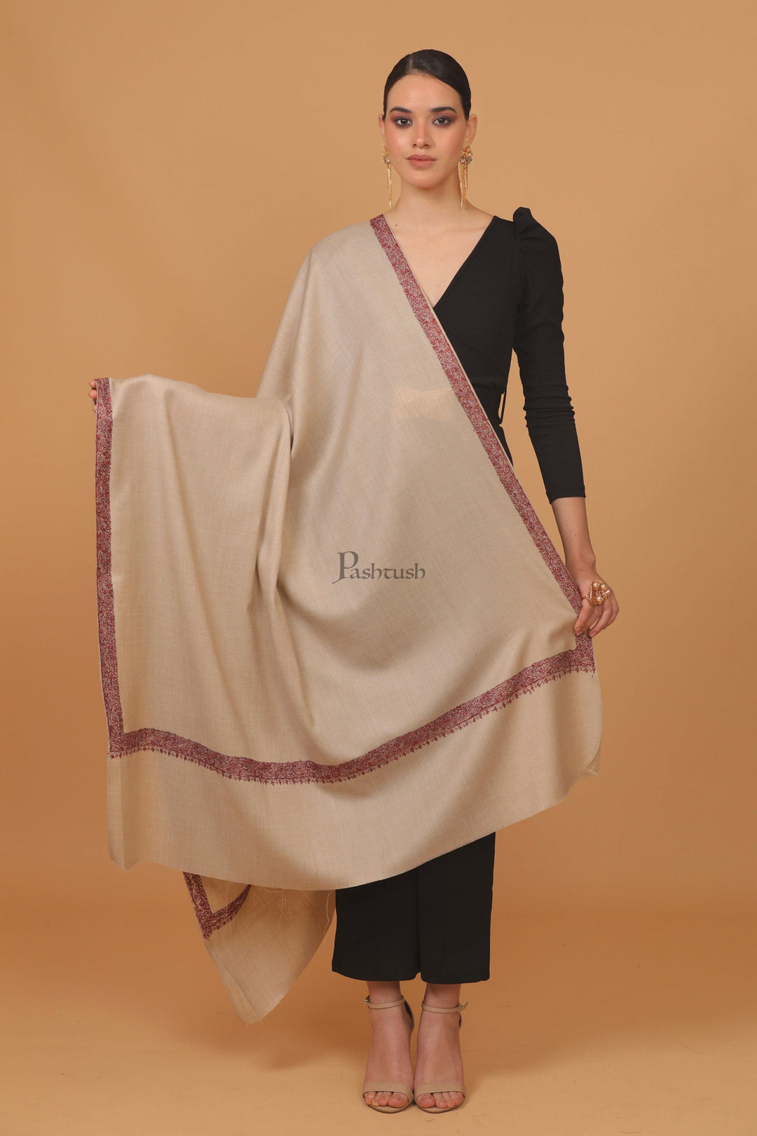 Pashtush India Womens Stoles and Scarves Scarf Pashtush womens Fine Wool shawl, 100% hand embroidery border design, Beige
