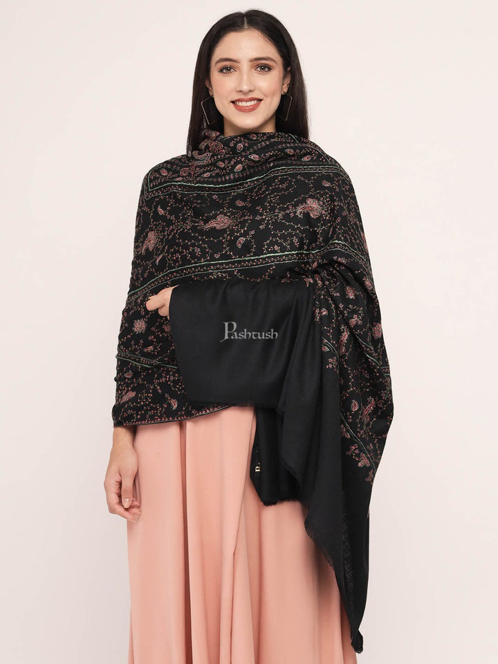 Pashtush India Womens Shawls Pashtush womens Fine Wool shawl, 100% hand embroidery  design, Black