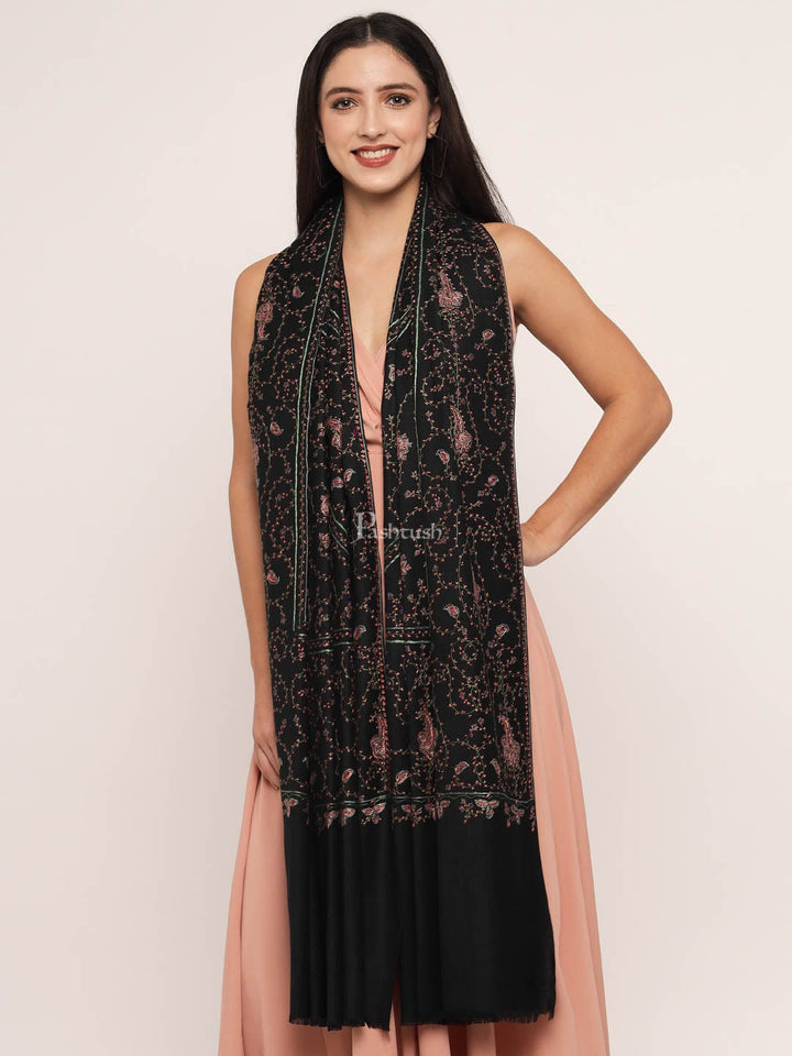 Pashtush India Womens Shawls Pashtush womens Fine Wool shawl, 100% hand embroidery  design, Black