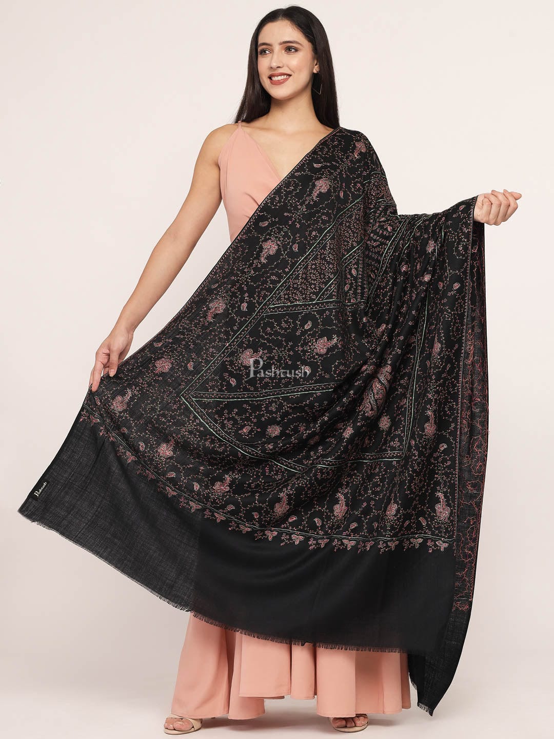 Pashtush India Womens Shawls Pashtush womens Fine Wool shawl, 100% hand embroidery  design, Black