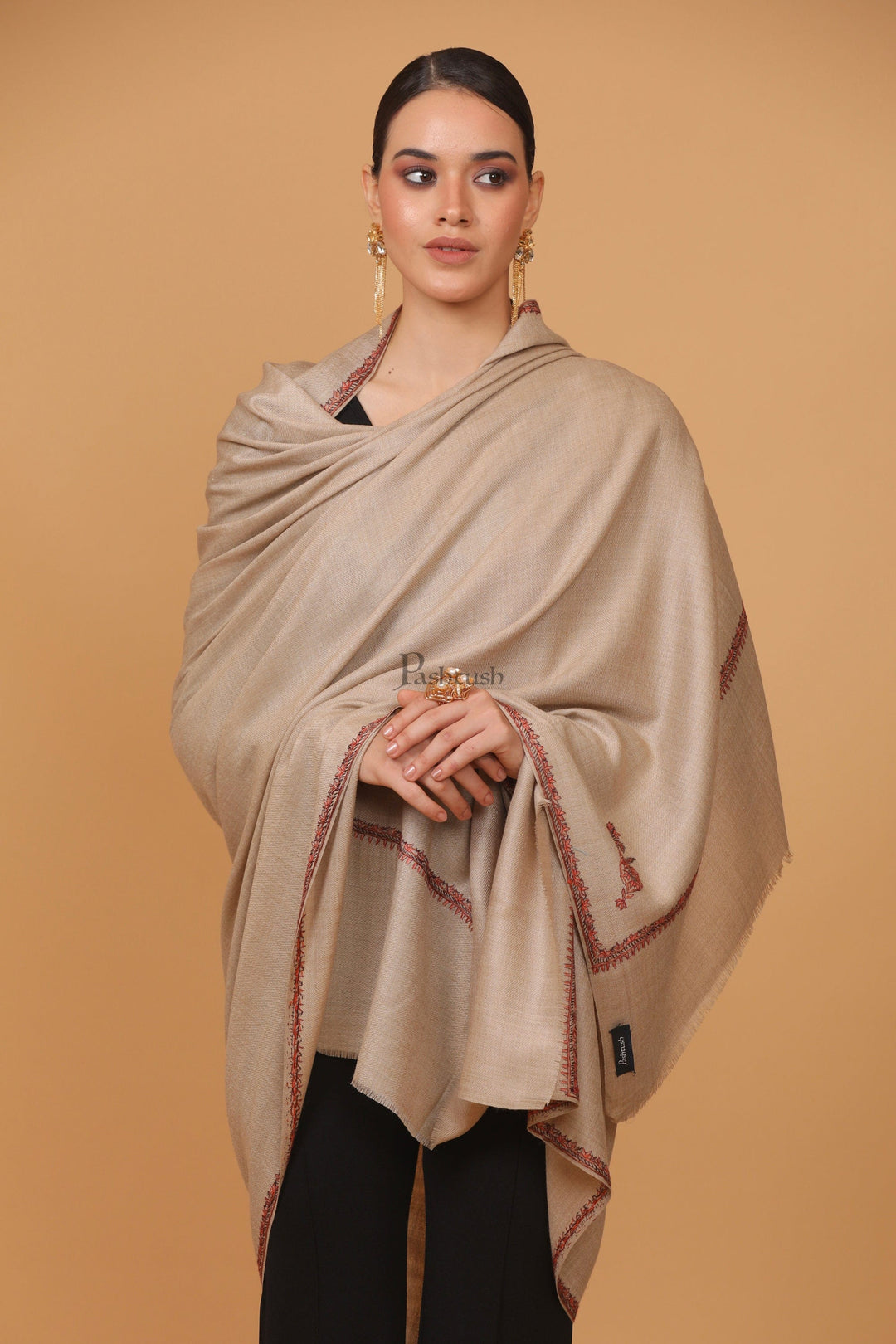 Pashtush India Womens Stoles and Scarves Scarf Pashtush womens Fine Wool shawl, 100% HAND EMBROIDERY KINGRI design, Taupe
