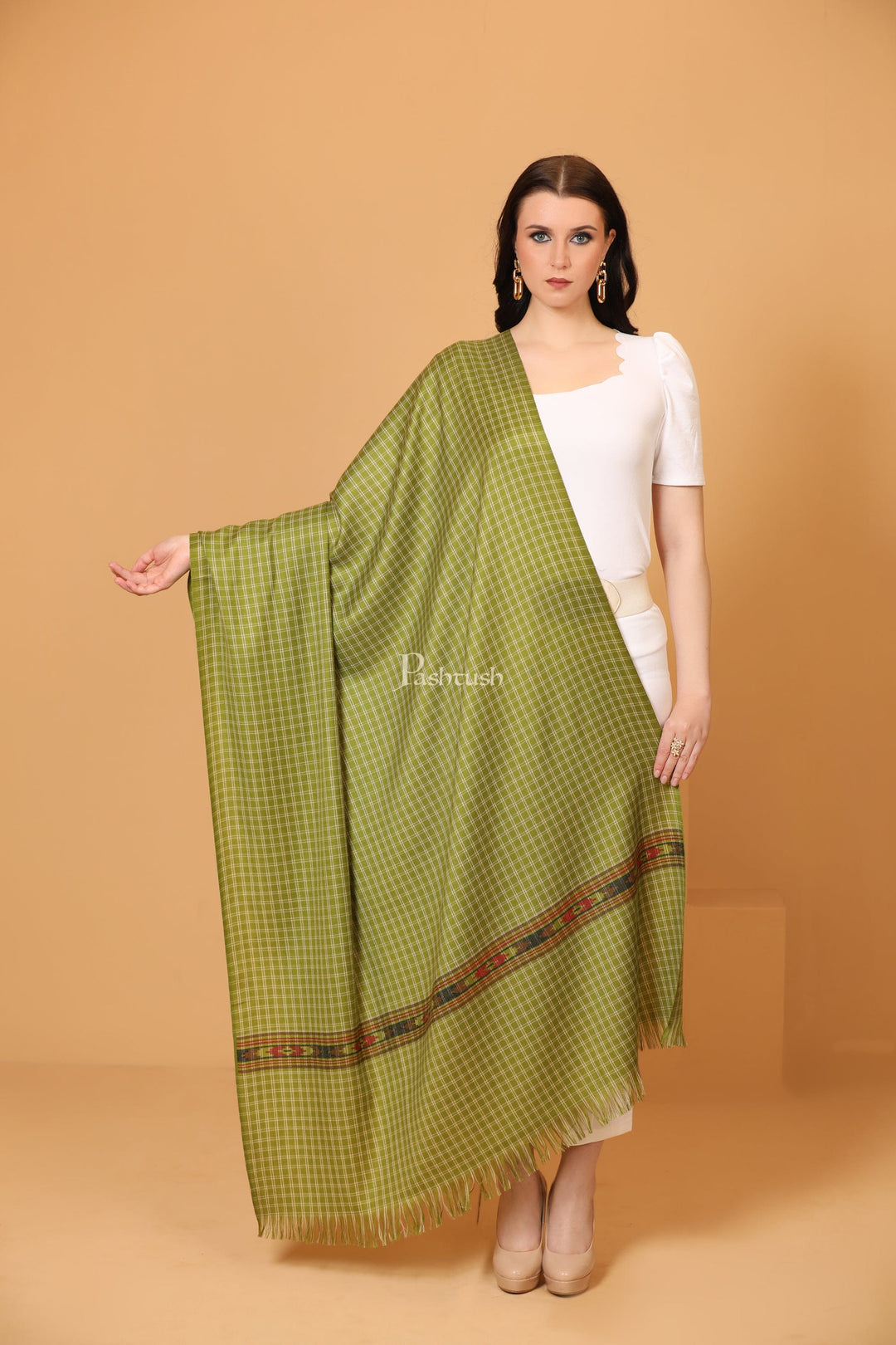 Pashtush India Womens Shawls Pashtush Womens Fine Wool Shawl, Aztec Weave, Woven Design, Emerald Green
