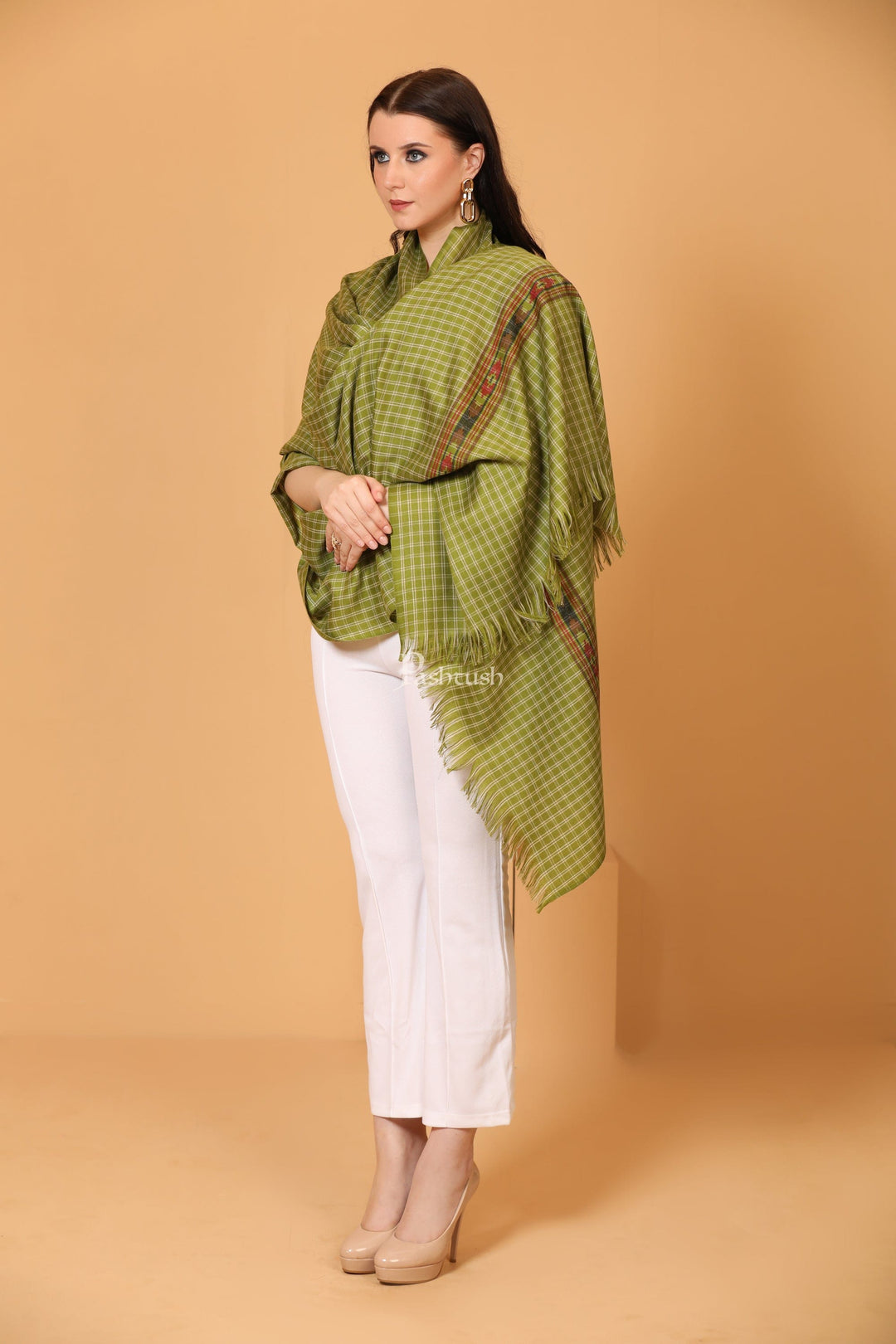 Pashtush India Womens Shawls Pashtush Womens Fine Wool Shawl, Aztec Weave, Woven Design, Emerald Green