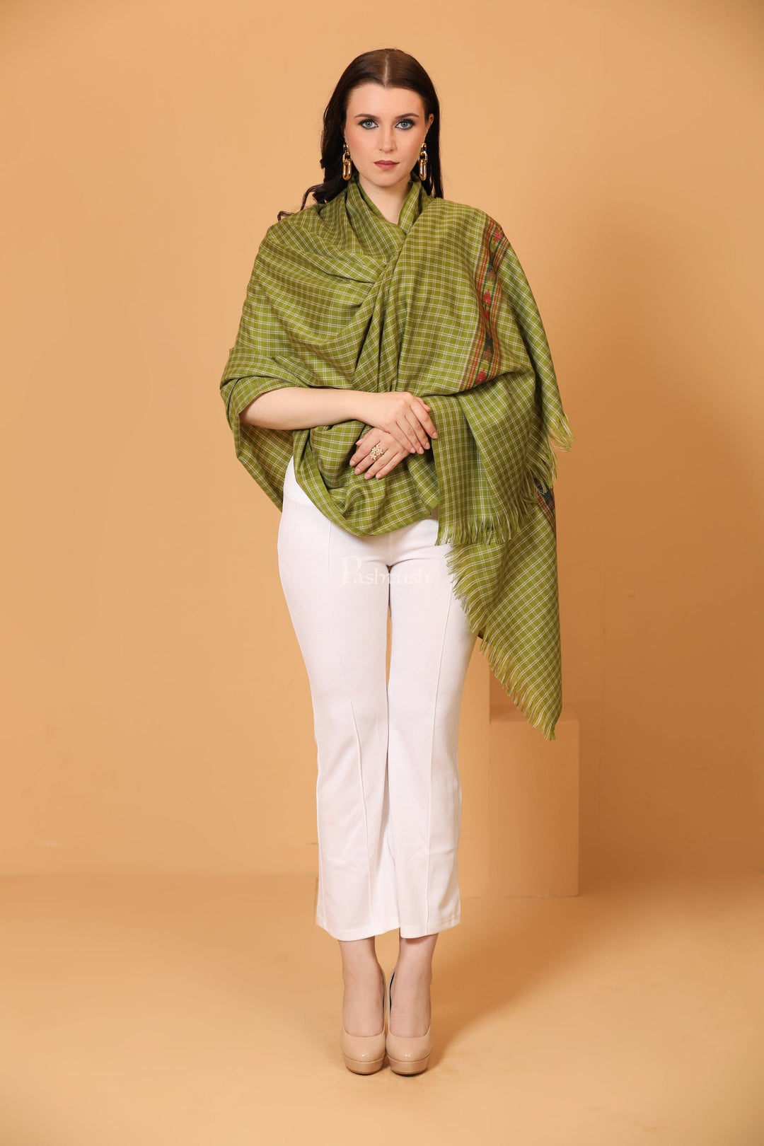 Pashtush India Womens Shawls Pashtush Womens Fine Wool Shawl, Aztec Weave, Woven Design, Emerald Green