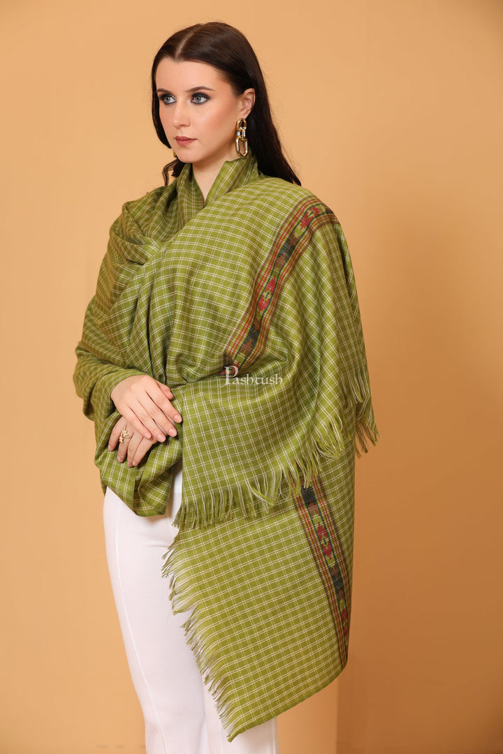 Pashtush India Womens Shawls Pashtush Womens Fine Wool Shawl, Aztec Weave, Woven Design, Emerald Green