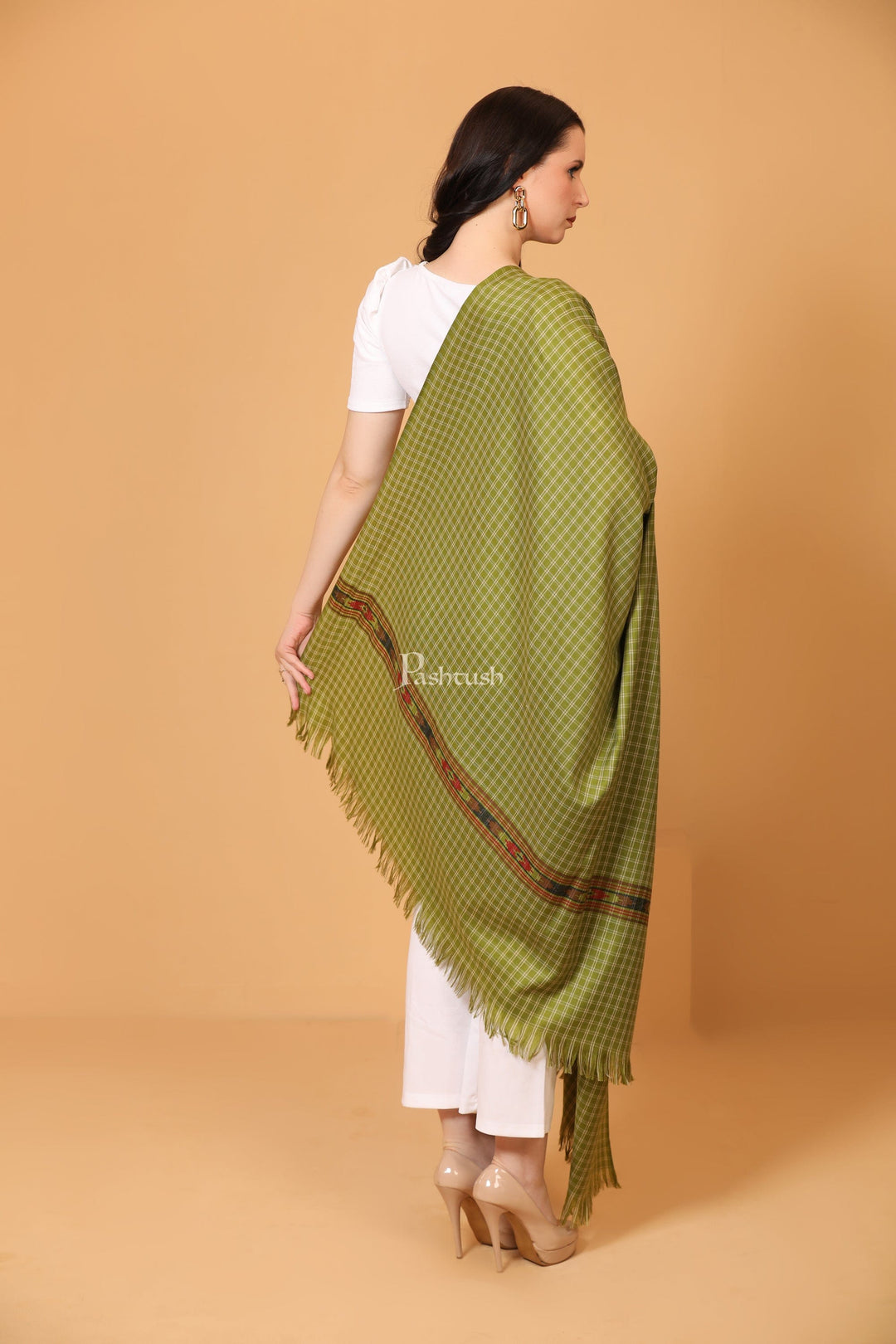 Pashtush India Womens Shawls Pashtush Womens Fine Wool Shawl, Aztec Weave, Woven Design, Emerald Green