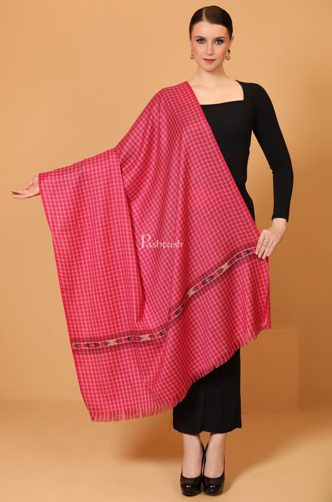 Pashtush India Womens Shawls Pashtush Womens Fine Wool Shawl, Aztec Weave, Woven Design, Fuschia