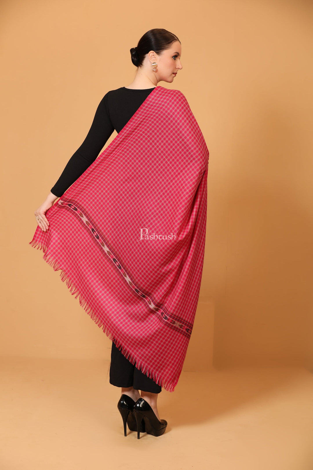 Pashtush India Womens Shawls Pashtush Womens Fine Wool Shawl, Aztec Weave, Woven Design, Fuschia