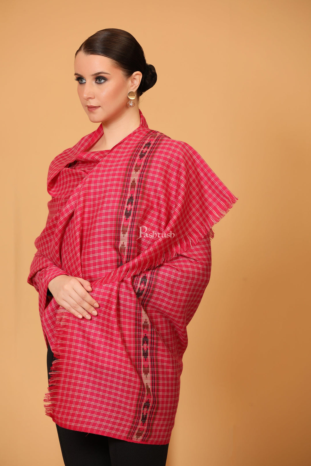 Pashtush India Womens Shawls Pashtush Womens Fine Wool Shawl, Aztec Weave, Woven Design, Fuschia