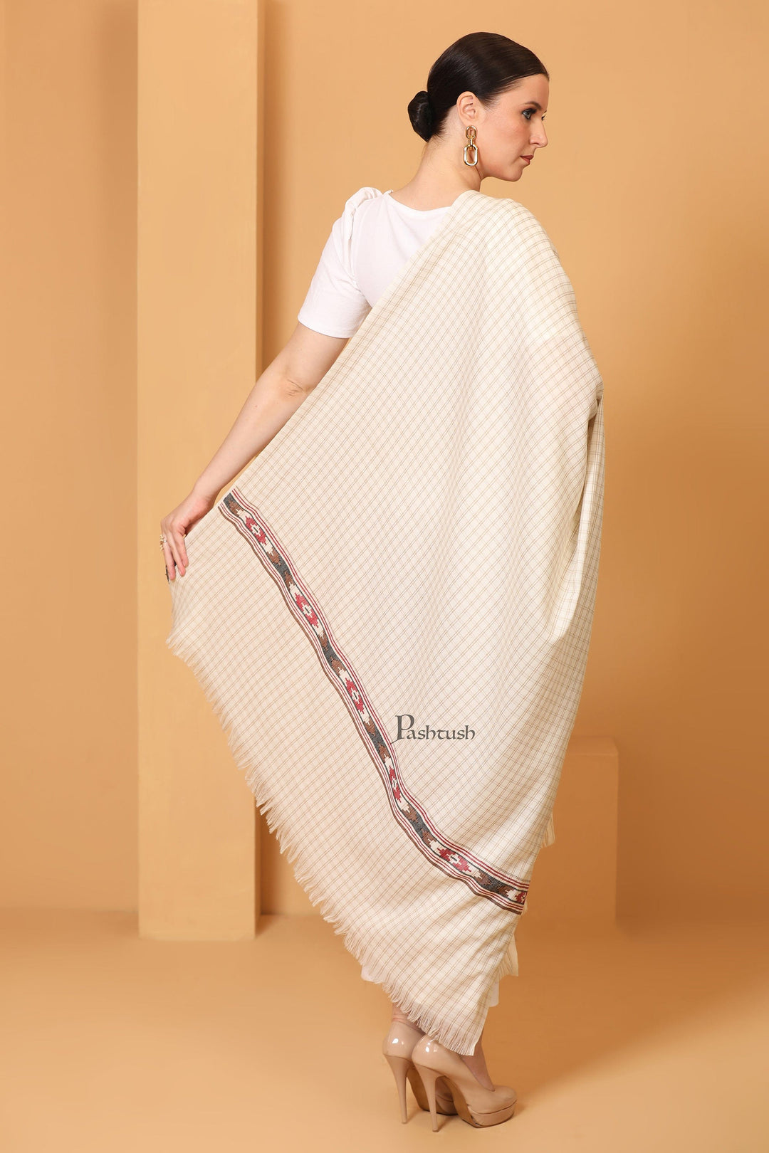 Pashtush India Womens Shawls Pashtush Womens Fine Wool Shawl, Aztec Weave, Woven Design, Ivory