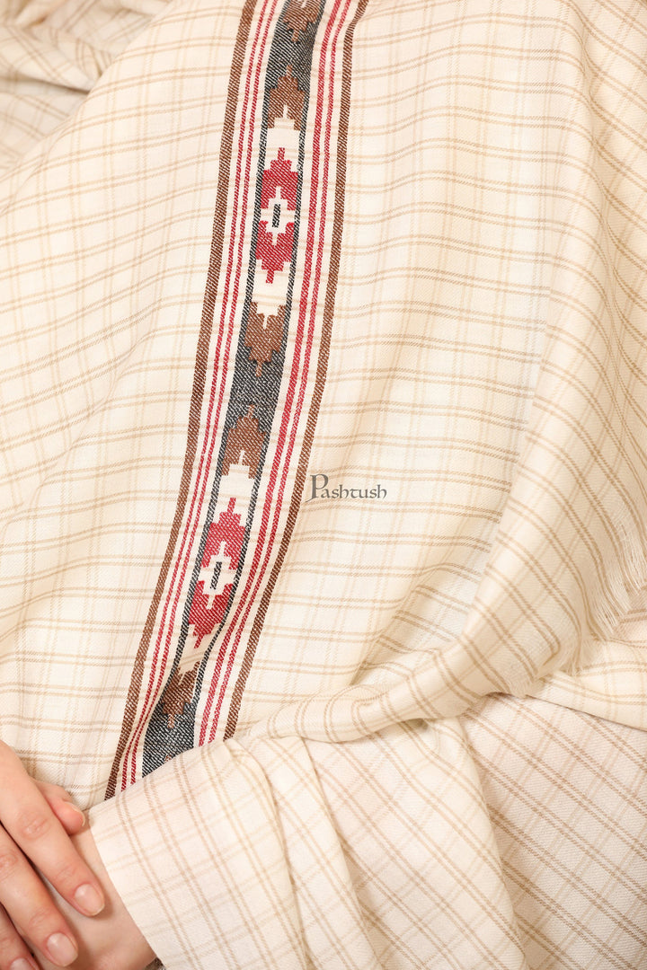 Pashtush India Womens Shawls Pashtush Womens Fine Wool Shawl, Aztec Weave, Woven Design, Ivory