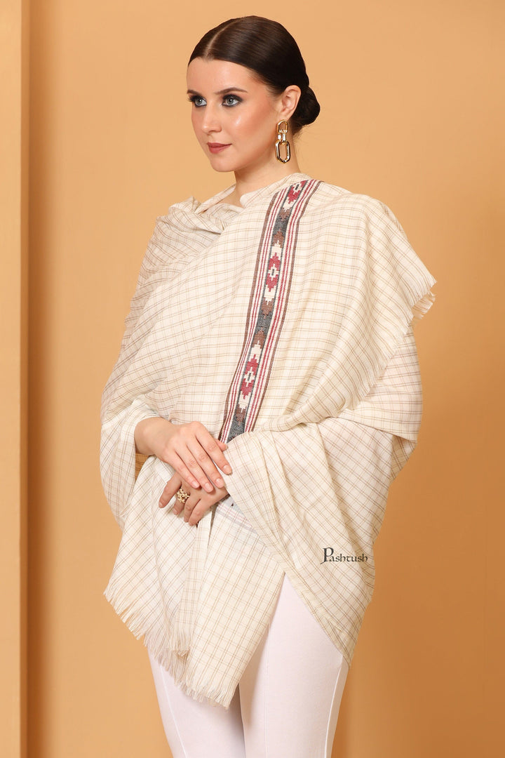 Pashtush India Womens Shawls Pashtush Womens Fine Wool Shawl, Aztec Weave, Woven Design, Ivory