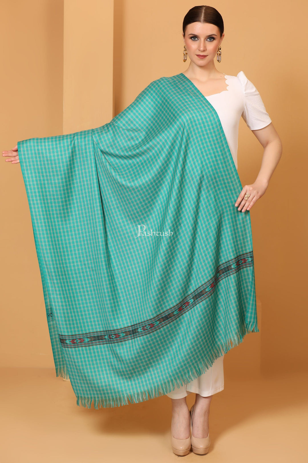 Pashtush India Womens Shawls Pashtush Womens Fine Wool Shawl, Aztec Weave, Woven Design, Sea Green