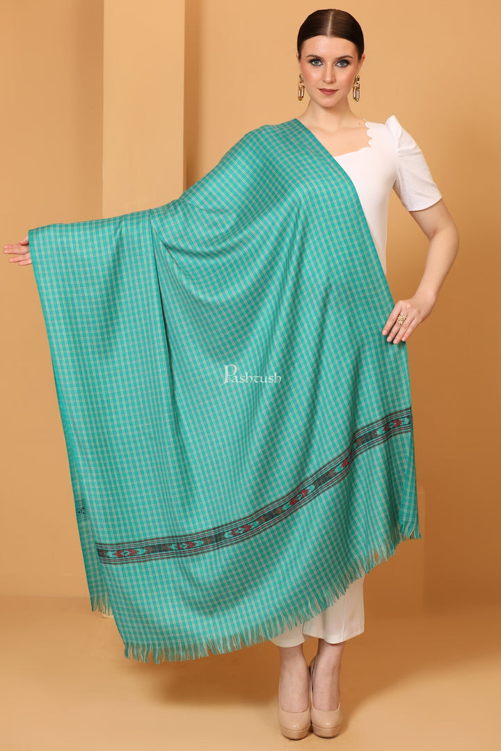Pashtush India Womens Shawls Pashtush Womens Fine Wool Shawl, Aztec Weave, Woven Design, Sea Green