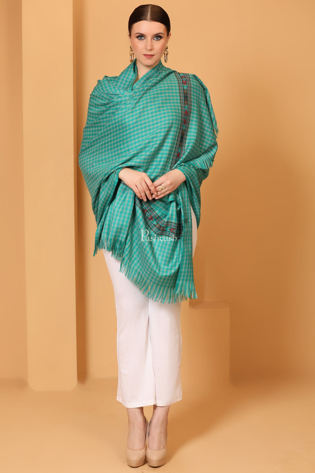 Pashtush India Womens Shawls Pashtush Womens Fine Wool Shawl, Aztec Weave, Woven Design, Sea Green