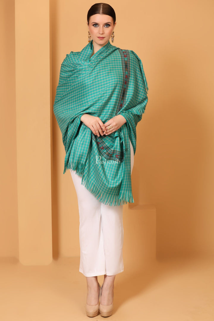 Pashtush India Womens Shawls Pashtush Womens Fine Wool Shawl, Aztec Weave, Woven Design, Sea Green